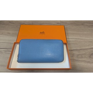 【二手85成新專櫃正品】歐洲帶回Hermes愛馬仕 epsom 超美天空藍 silk 絲巾長夾帶財錢包 超值現貨