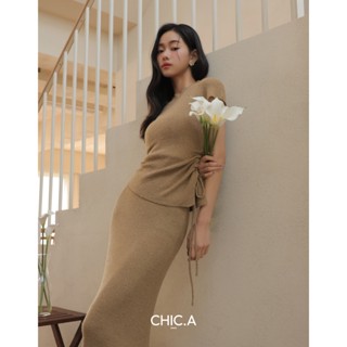 CHIC A SPACE 半高領透膚不對稱長裙套裝(黑/卡其) 女裝 現貨