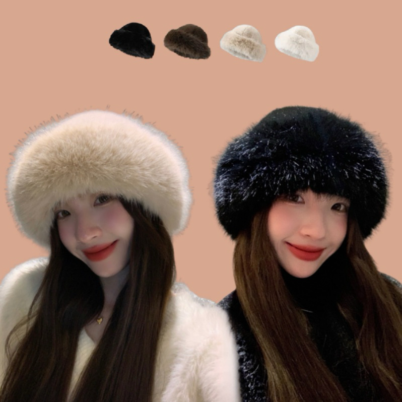 現貨-純色毛絨地主帽女秋冬防寒保暖帽東北護耳帽顯臉小仿貂毛漁夫帽子-FC36