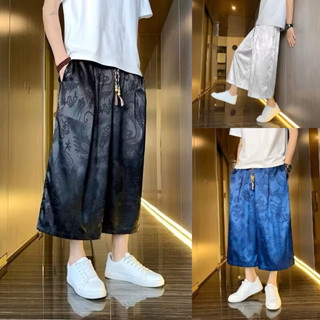 超寬松七八分褲 復古設計感民族風中褲男 M-5XL 短褲男 潮牌ins夏季薄款沙灘麒麟褲子潮流寬松 格子褲 直筒寬鬆短褲