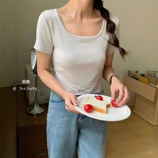 【Fee現貨10色】正韓螺紋方領短版上衣🔥素T 短袖上衣 素色 t恤 方領短袖 棉質 修身 t恤女 GAT 韓國女裝