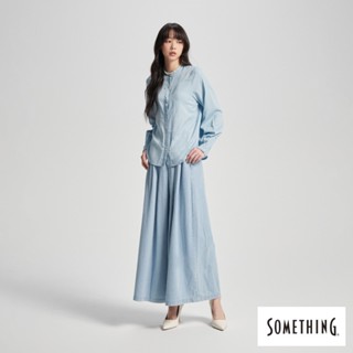 SOMETHING 女款 剪接打摺袖長袖襯衫(拔淺藍)