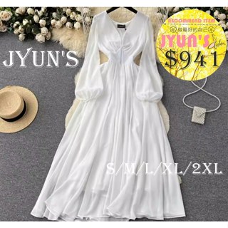 JYUN'S 秋季新款超仙氣白色網紗洋裝女夏V領燈籠袖收腰薄紗高階感氣質大擺長裙大尺碼1色S~2XL預購
