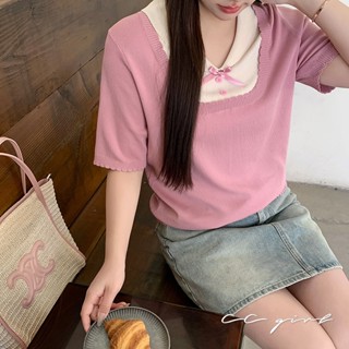 CCGIRL中大尺碼 蝴蝶結♡撞色針織翻式娃娃領短袖上衣-適XL～4L《20659》大尺碼女裝 中大尺碼上衣