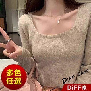【diff】韓版方領短版針織上衣 毛衣 長袖上衣 女裝 衣服 長袖t恤 保暖上衣 冬季女裝 秋冬女裝 發熱衣【w394】