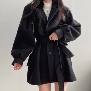 YG-服飾 韓版秋冬季單排扣大衣外套 附腰綁帶 上衣 女裝 衣服 風衣 針織外套 防風 中長版外套 百搭外套 毛呢大衣