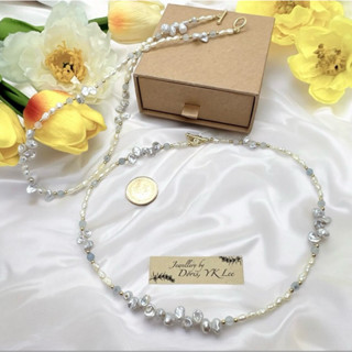 【現貨】天然巴洛克, 淡水珍珠 ＋海藍寶切角度圓珠 項鍊 Baroque Pearl + Fac.Aquamarine.
