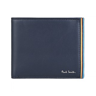 PAUL SMITH字母燙印LOGO側邊彩色條紋設計小羊皮6卡對折短夾(海軍藍)