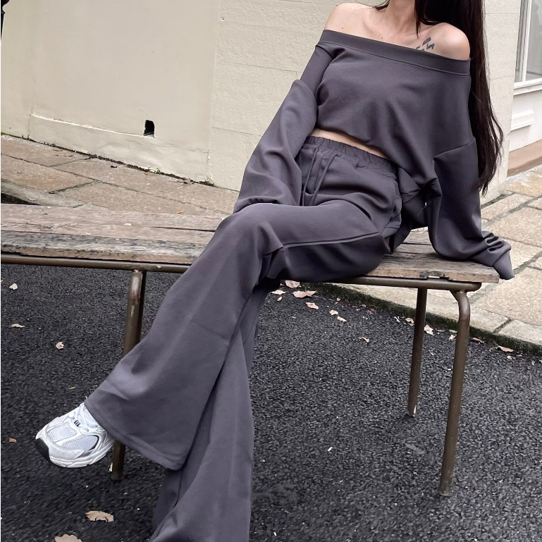 [DOEFF] 太空棉喇叭褲休閒套裝 套裝女 兩件式套裝 顯瘦套裝 休閒套裝 寬鬆套裝 大學T 棉質 喇叭褲女 運動套裝