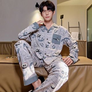 【桃園出貨】新款青少年卡通全棉 家居服 套裝 100 純棉 男士睡衣 春秋季長袖 少年 居家服 睡衣 男士睡衣 居家服