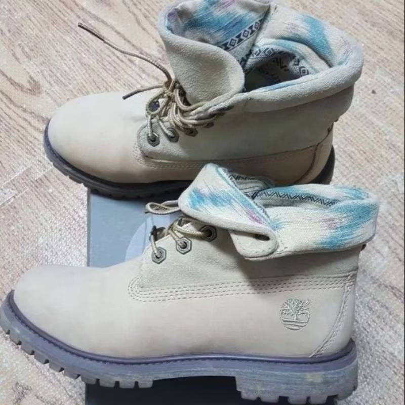 Timberland防潑水 淺卡其色可反折短靴.民族風圖騰棉麻內裡.黃靴