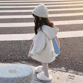 {現貨有電子發票}女童外套兔耳朵撞色夾棉加厚呢大衣外衣冬裝新款童裝貨【C1011】