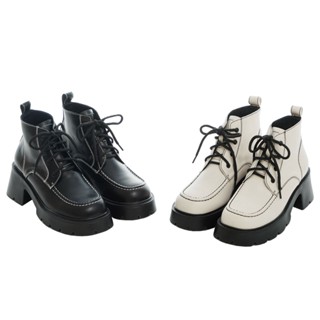【Grace Gift】靴子 短靴 綁帶靴【精緻女孩車線厚底短靴】2色 35-43號 大尺碼 厚底靴