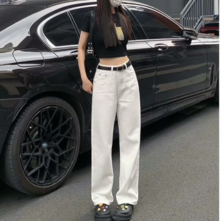 【SUSU原創】白色牛仔褲 女生 直筒 寬鬆 春季秋冬 新款 高腰 顯瘦 小個子 闊腿 拖地褲子XS-2XL C157
