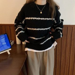 愛依依 秋冬上衣 條紋針織衫 加厚毛衣 打底衫 秋冬新款長袖條紋半高領針織衫TBF07-7767.