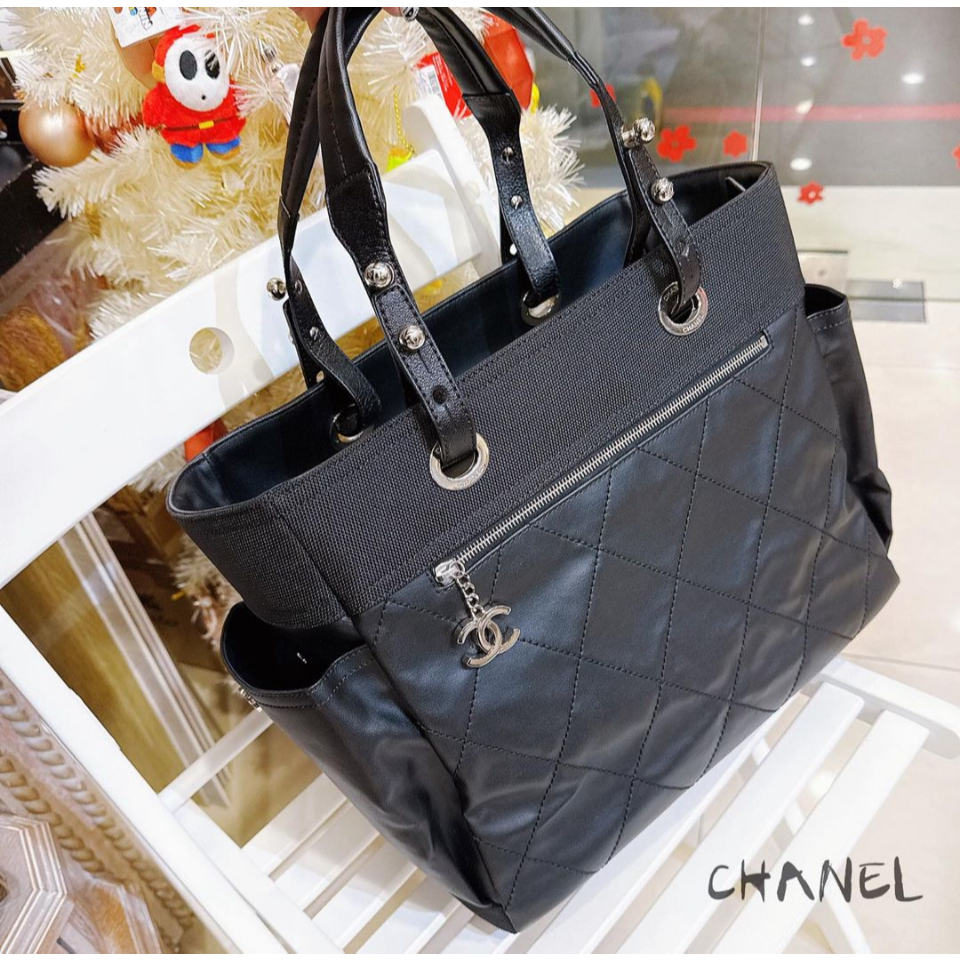 二手旗艦 CHANEL 黑色 PVC 菱格紋 Biarritz 比亞里茲 托特包 手提包(中友店)