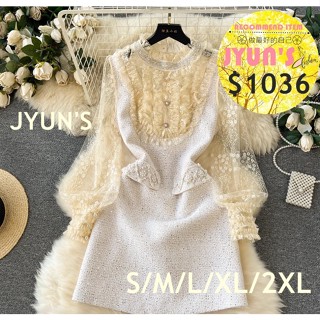 JYUN'S 秋冬新款宮廷風氣質洋裝女重工刺繡網紗蕾絲泡泡袖修身短禮服裙子長袖洋裝大尺碼1色S~2XL預購