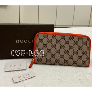 GUCCI 古馳 363423橘色邊 緹花帆布 ㄇ型 拉鍊長夾 二手精品