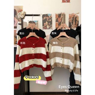 [Eyes Queen]現貨 橫條紋金釦QQ毛短版上衣外套 撞色條紋毛衣針織外套 條紋短版上衣 寬鬆針織外套 寬鬆毛衣