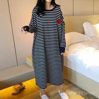 【UNIRABBIT】條紋睡裙 孕婦大尺碼睡裙 睡衣女 韓版寬鬆休閒睡裙 春秋季長袖睡裙 外穿 冬天居家服 薄款女生睡裙