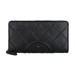 TORY BURCH Fleming圓形浮雕LOGO菱格紋設計納帕牛皮8卡拉鍊長夾(黑)
