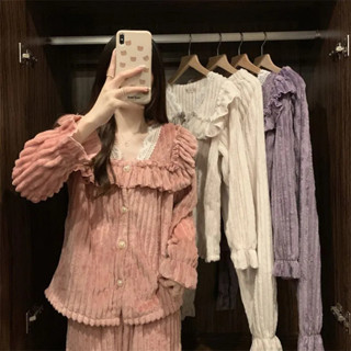 【簡美麗人】女士睡衣 公主風睡衣套裝 女珊瑚絨居家服 冬季法蘭絨兩件套 加絨加厚睡衣套裝 可外穿家居服 女生睡衣
