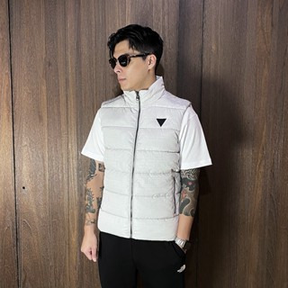 美國百分百【全新真品】GUESS 羽絨背心 立領 男款 鋪棉 保暖 小 logo印花 背心外套 白色 CW36