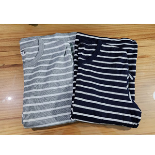 UNIQLO 優衣庫 藍灰 條紋 針織 修身 圓領 長袖 上衣 T恤 T-shirt Tee