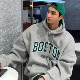 【FJstore】Boston 英文字 刺繡帽T 帽踢 內刷毛 厚磅 寬鬆 落肩 長袖上衣 男生長袖 女上衣 情侶