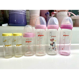 【Pigeon 貝親】第二代寬口母乳實感玻璃奶瓶100ml新生兒/160ml/240ml/米妮/矽膠護層（二手）