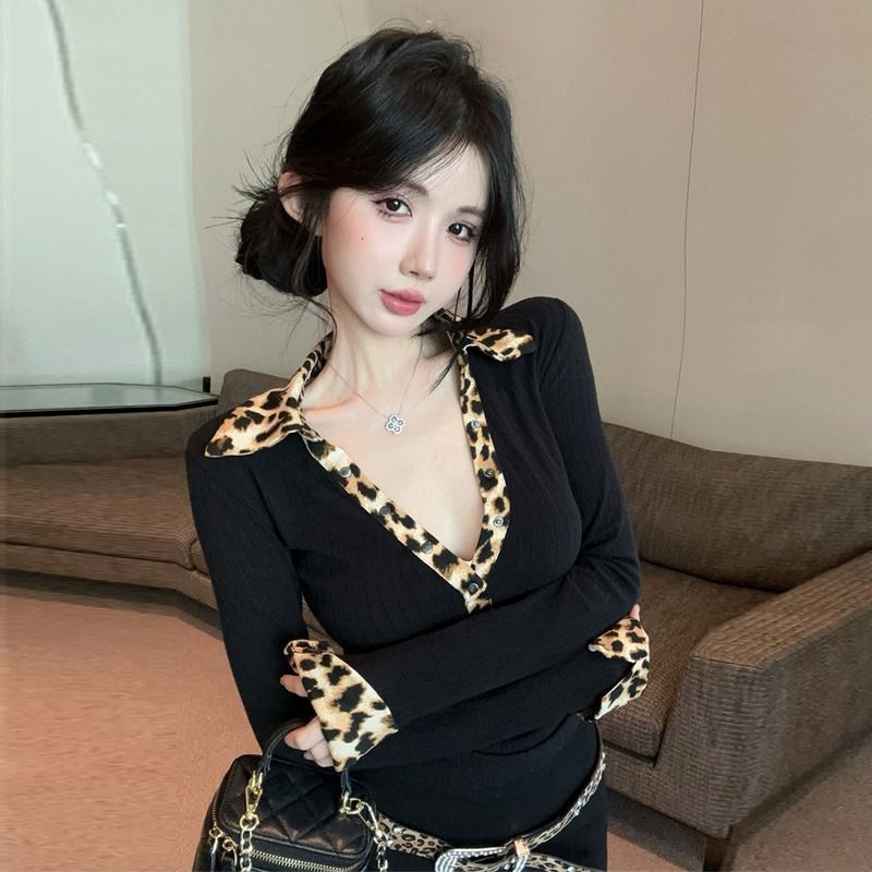 【阿一】爆款辣妹 時尚打底衫 時尚辣妹設計感豹紋拚接polo領深VT恤性感熱辣修身顯瘦百搭上衣