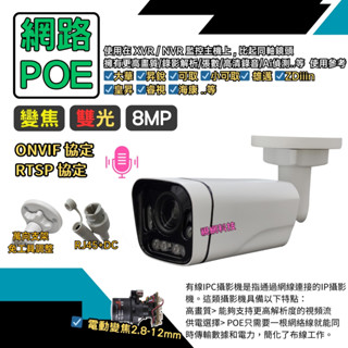 POE ONVIF H.265 收音攝影機 監控鏡頭 監視器 金屬防剪變焦 8MP IPC 48V 含稅