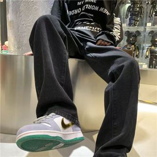 歐美潮流 水泥灰復古痞子三刀鬚破壞內補釘 基礎 寬褲 素色 長褲 休閒長褲大碼 情侶 單寧牛仔褲大呎碼ins復古寬鬆