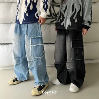 『EAME』韓國 毛邊 大口袋 牛仔長褲 闊腿 牛仔褲 落地褲 水洗工藝 簡約 寬鬆版型 堆疊 男女皆可