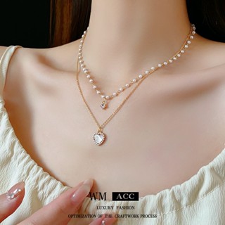 Miss Si【現貨速發】愛心項鍊輕奢風鋯石珍珠雙層鎖骨鏈 貓眼石 疊搭混搭 時尚簡約高階感氣質項飾 項鍊 墜飾首飾飾品