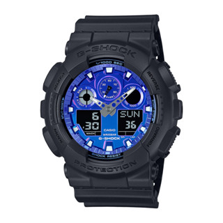 CASIO卡西歐 G-SHOCK 時尚雙顯系列鮮豔 熾熱火焰 藍色錶盤漸層灰黑男錶 GA-100FL-1A