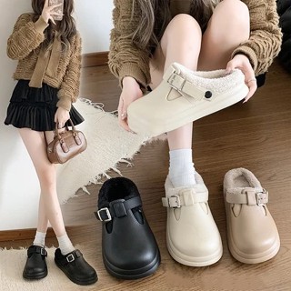 加絨防水棉拖鞋女 室內保暖皮質EVA半拖鞋 外穿毛毛勃肯鞋 保暖包頭棉拖鞋 懶人鞋女 休閒鞋女
