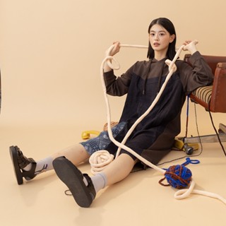 【MOSS CLUB】 變形蟲布花拼接解構剪裁連帽長袖洋裝 黑 灰