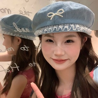 珍珠蝴蝶結貝蕾帽 韓版帽子 遮陽軟頂 牛仔貝蕾帽 貝雷帽 蕾絲貝雷帽 遮陽帽 休閒帽 帽子 牛仔帽 臺灣出貨 臺灣賣家