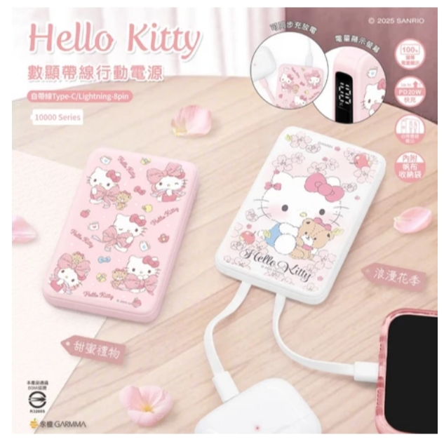 GARMMA 三麗鷗家族 數顯帶線行動電源 自帶雙線輸出Type-c & Lightning 庫洛米 怕洽狗 布丁狗