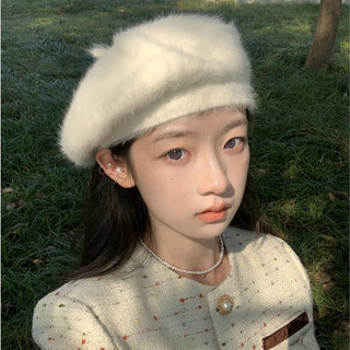 kiki｜兔毛貝雷帽 秋冬純慾風 白色貝雷帽 保暖帽子 兔毛貝雷帽 白色毛絨絨基礎款版型 秋冬帽子