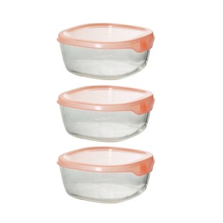 日本 HARIO 玻璃保鮮盒 方形600ml*3件組(清透藍/鮭魚粉)
