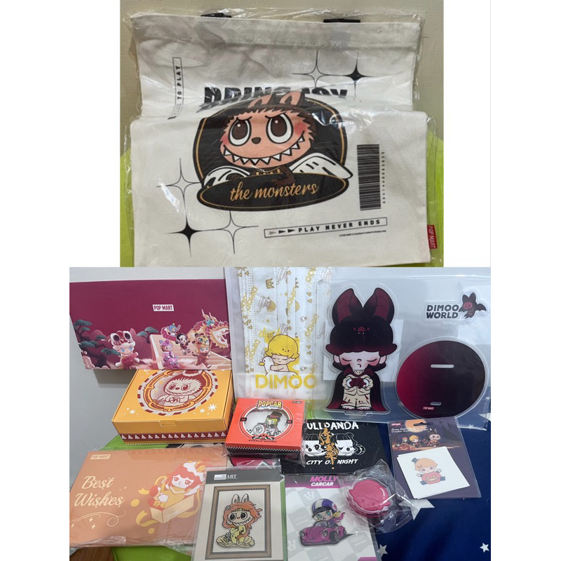 《密密玩具》泡泡瑪特周邊 Labubu 帆布袋 SP Dimoo Molly 立牌 杯墊 夾子 貼紙 口罩 徽章 明信片