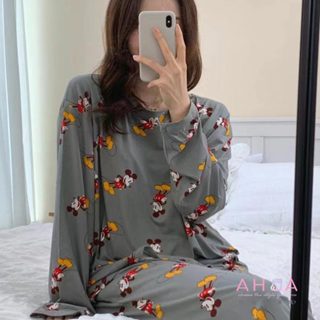 AHUA阿華有事嗎 (韓)迪士尼滿版復古插腰米奇長袖家居圓領睡衣套裝 C2894 韓妞必備 兩件式 居家 舒適 可愛