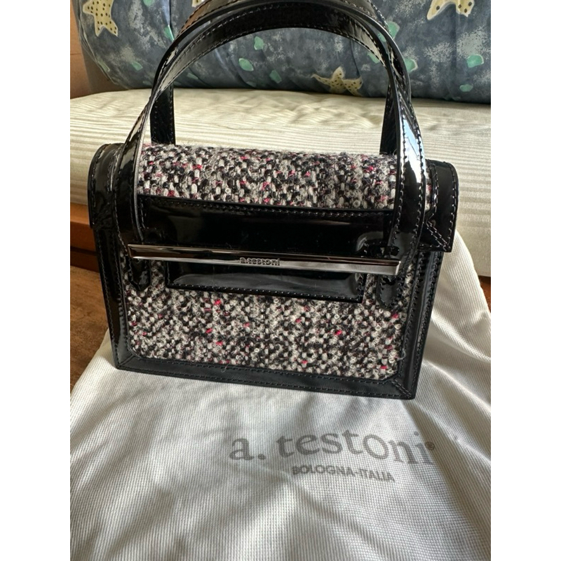 a.testoni 漆皮拼毛呢手提包+anna sui