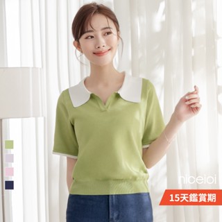 niceioi Polo衫女 polo衫 涼感上衣 綠色 [韓系小清新POLO領冰爽絲針織上衣] 超值推薦 大尺碼女裝