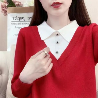 時尚大碼遮肉假兩件長袖Polo領襯衫女秋季新款舒適百搭顯瘦上衣加絨長袖保暖襯衫女 加厚襯衫女 秋冬長袖襯衫【MY】