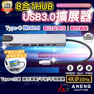 【蝦皮隔日配】多功能8合1Type C USB 3.0 HUB iPhone15 hdmi集線器 USB 擴展器 OTG