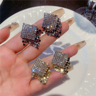 💕姐姐飾品小屋💕 s925銀針法式網紅高級感方形鋯石亮片流蘇氣質耳環
