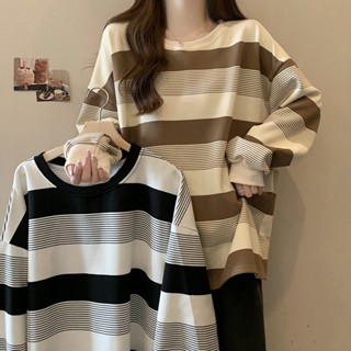 新款秋冬季 臺灣現貨 美式復古條紋圓領衛衣 女款顯瘦圓領上衣 胖妹妹遮肚 寬鬆顯瘦 加大碼 學生上衣
